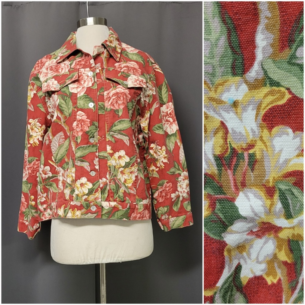 Vintage Norm Thompson Floral Jacket Red Pink Green Rose Canvas Button Up Large